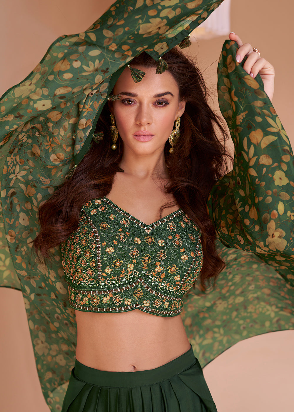 Bottle Green Satin Silk Dhoti & Mirror work Blouse with Floral Organza Silk Shrug