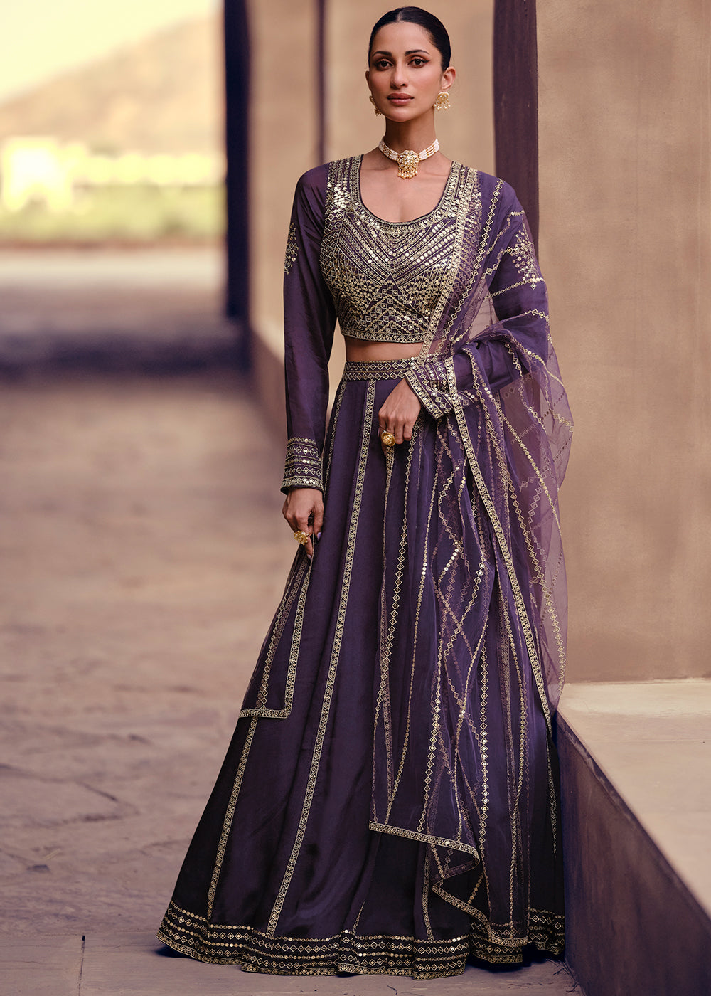 Russian Purple Chinon Silk Ready To Wear Lehenga Choli with Full Embroidery Work