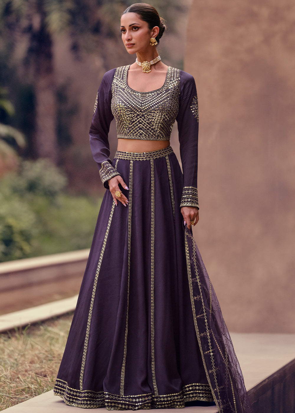 Russian Purple Chinon Silk Ready To Wear Lehenga Choli with Full Embroidery Work