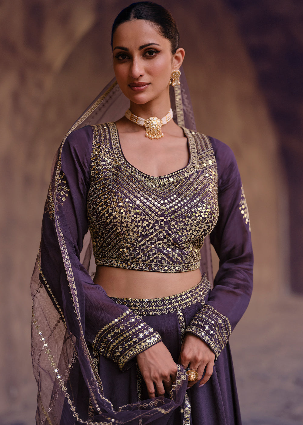 Russian Purple Chinon Silk Ready To Wear Lehenga Choli with Full Embroidery Work