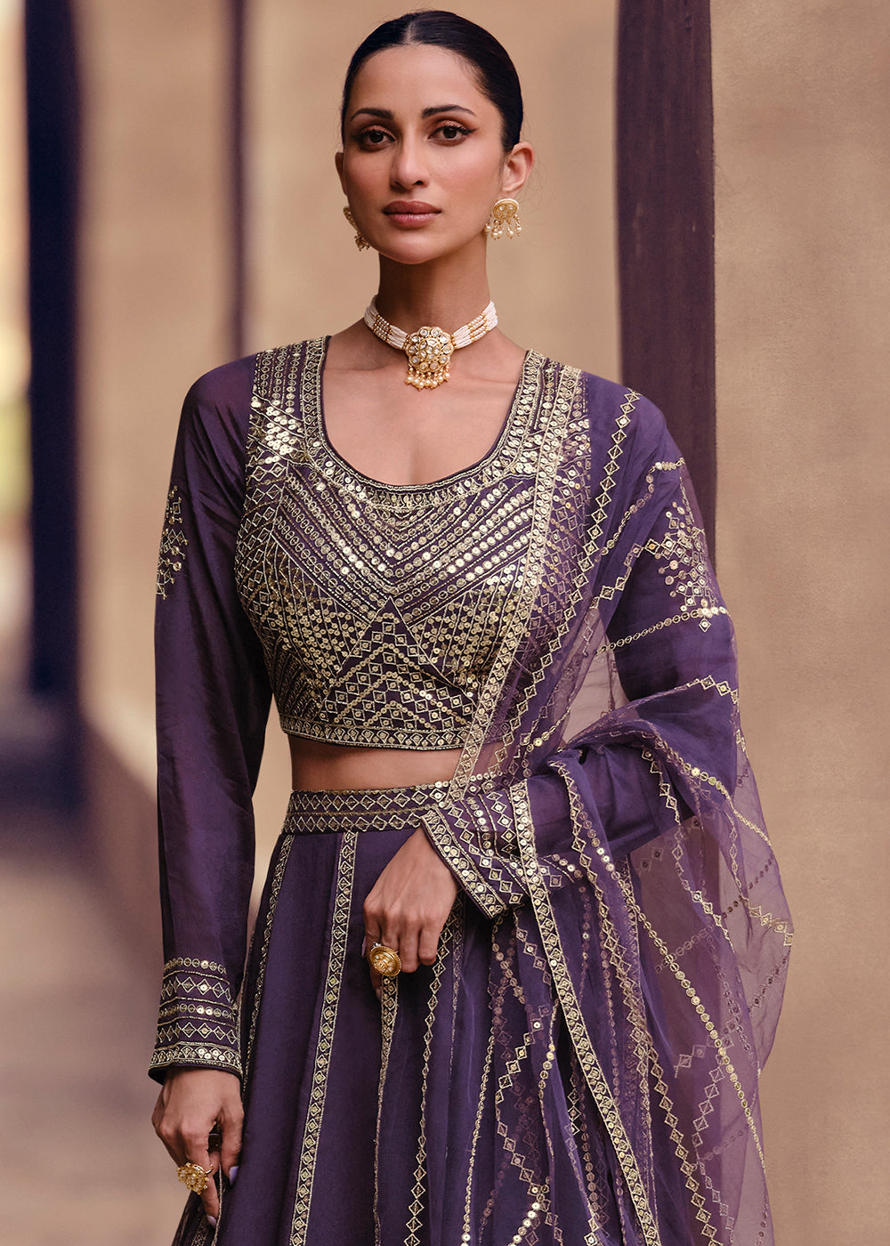 Russian Purple Chinon Silk Ready To Wear Lehenga Choli with Full Embroidery Work