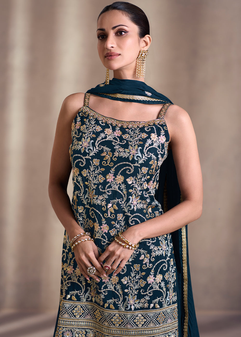 Prussian Blue Designer Embroidered Georgette Sharara Suit