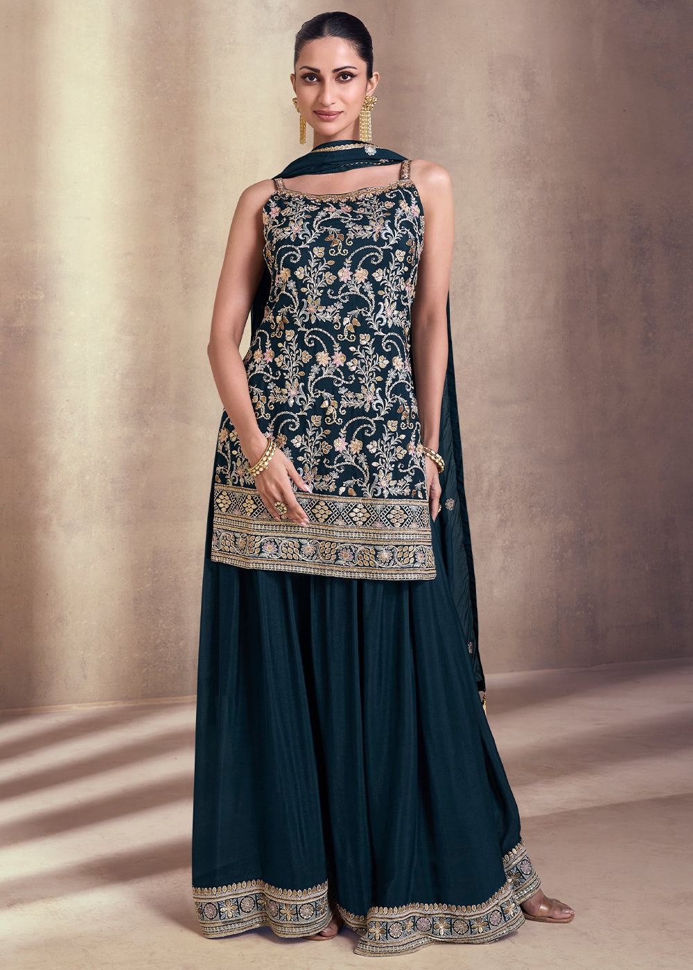 Prussian Blue Designer Embroidered Georgette Sharara Suit