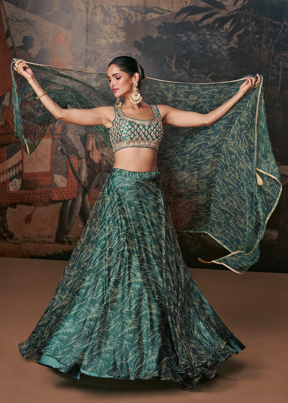 Myrtle Green Ready to Wear Designer Organza Silk Lehenga With Fully Embroidered Choli