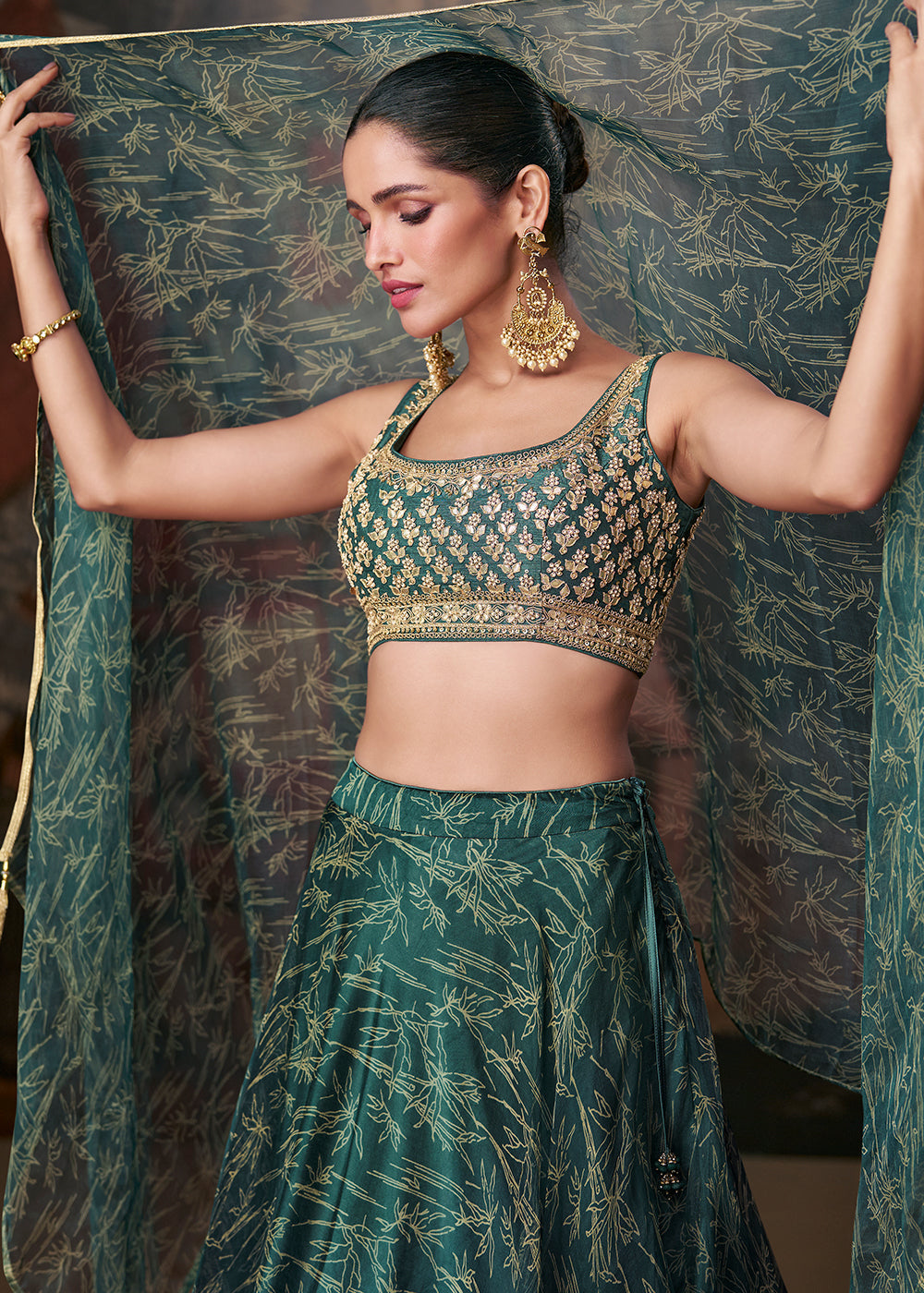 Myrtle Green Ready to Wear Designer Organza Silk Lehenga With Fully Embroidered Choli