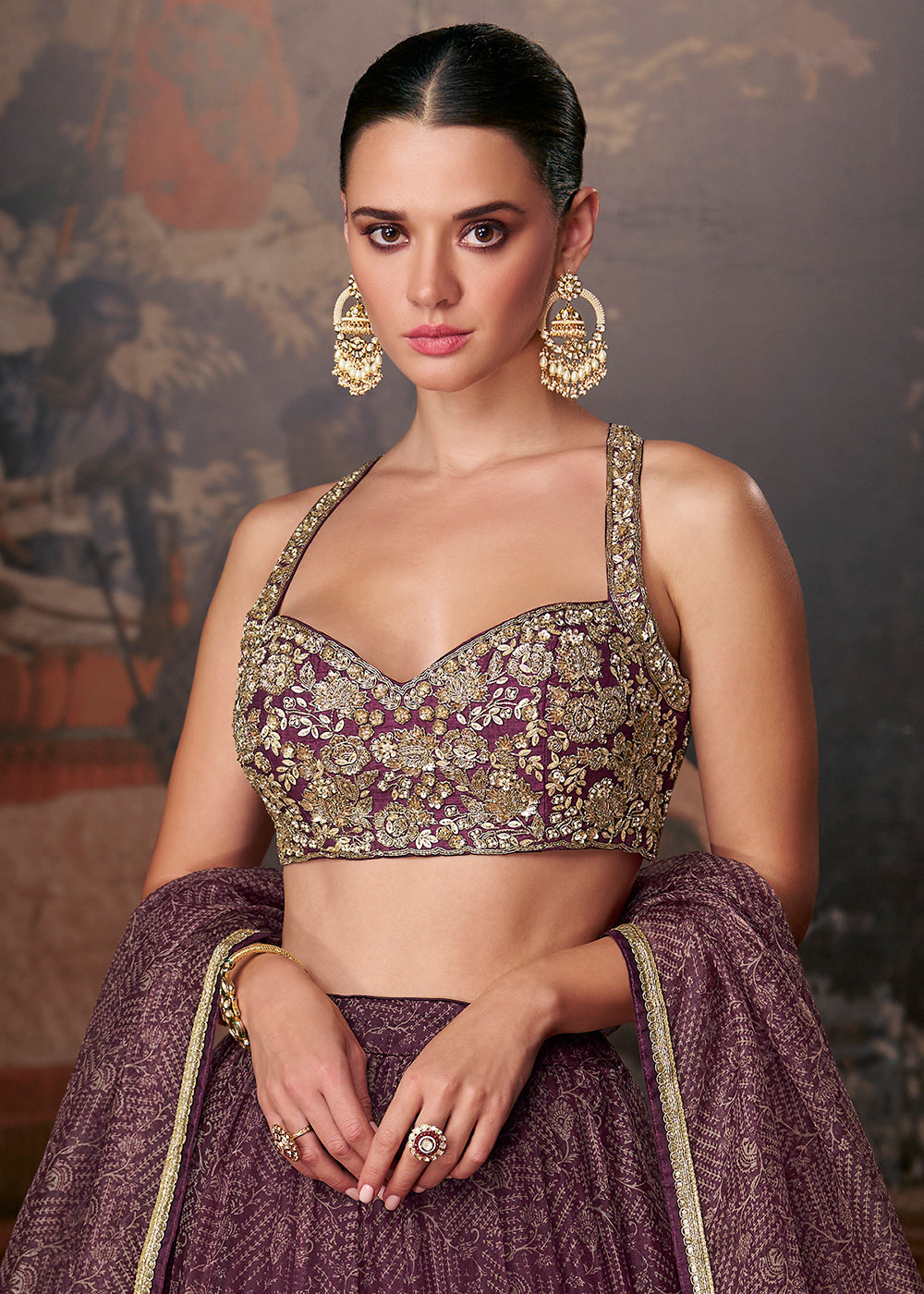 Dark Mauve Purple Ready to Wear Designer Organza Silk Lehenga With Fully Embroidered Choli