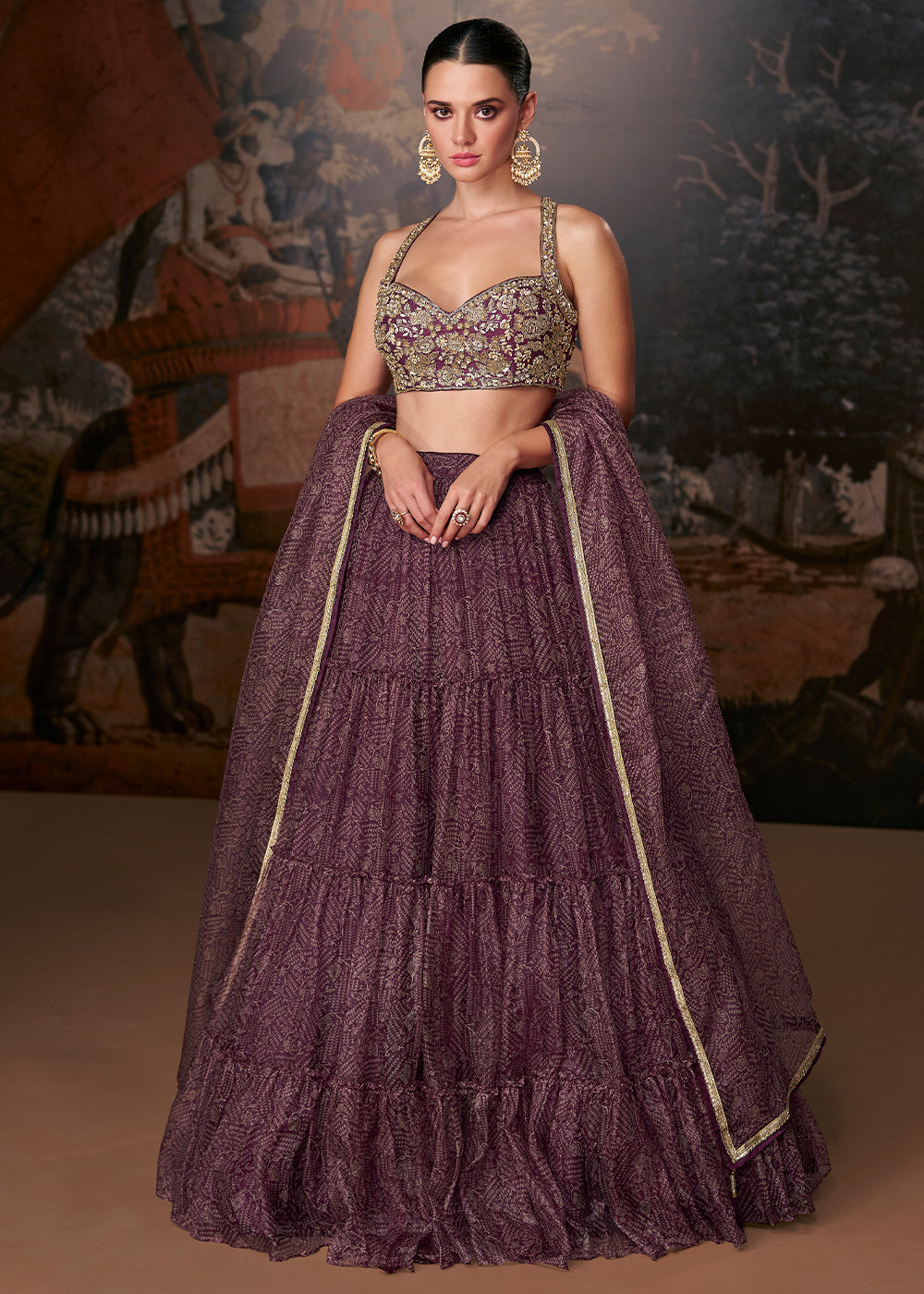 Dark Mauve Purple Ready to Wear Designer Organza Silk Lehenga With Fully Embroidered Choli