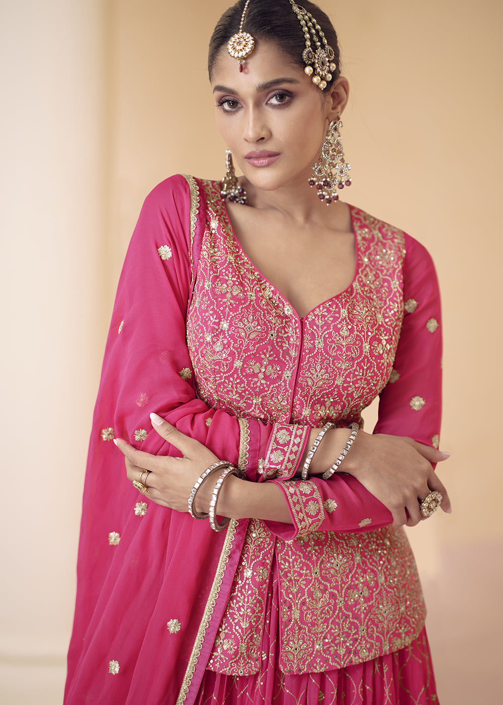 Hot Pink Embroidered Georgette Top & Skirt Set with Dupatta