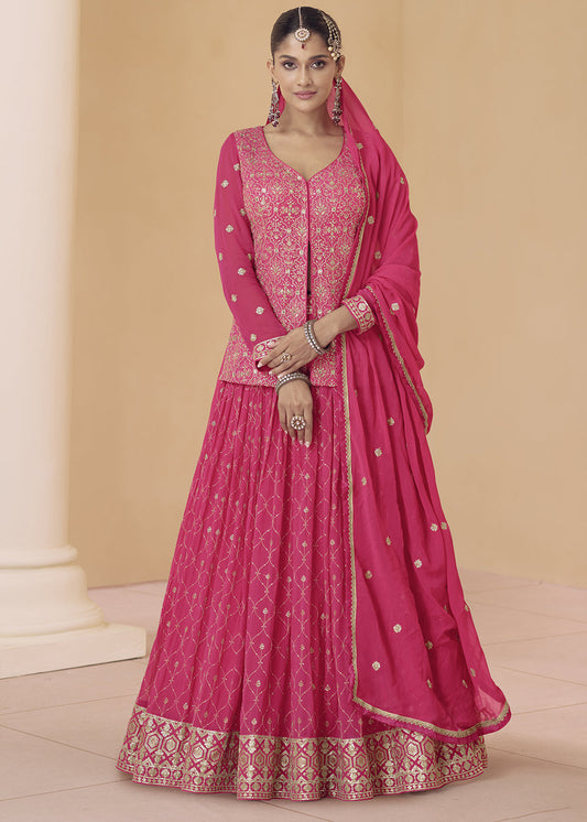 Hot Pink Embroidered Georgette Top & Skirt Set with Dupatta