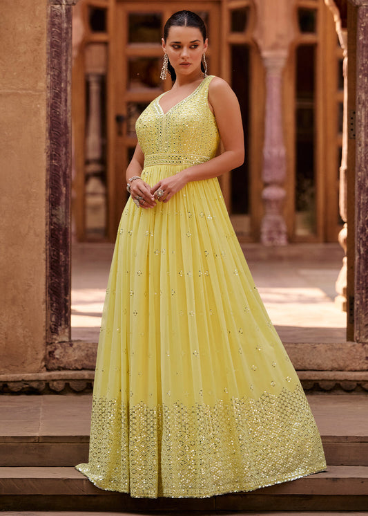 Lemon Yellow Designer Anarkali Suit with Embroidery work