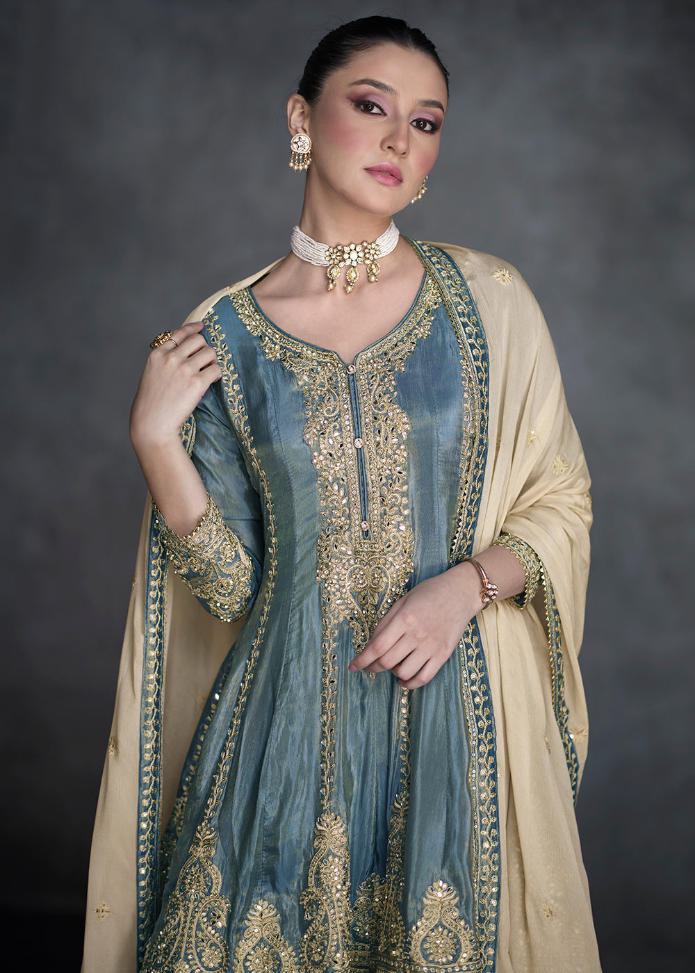 Slate Grey Embroidered Salwar Suit