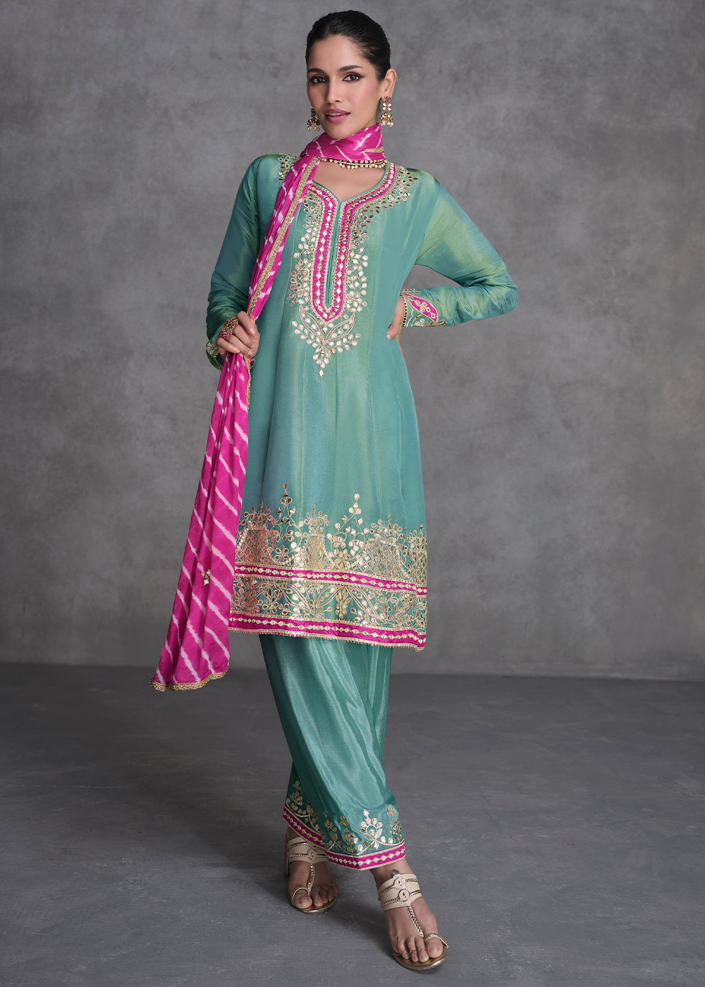 Bright Turquoise Blue Embroidered Salwar Suit