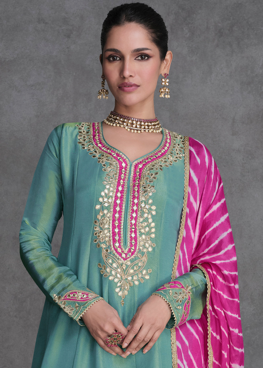 Bright Turquoise Blue Embroidered Salwar Suit