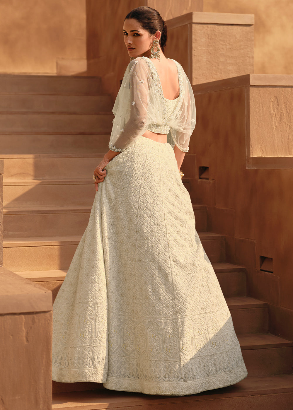 Pearl White Ready to Wear Georgette Lehenga With Embroidered work Front & Back