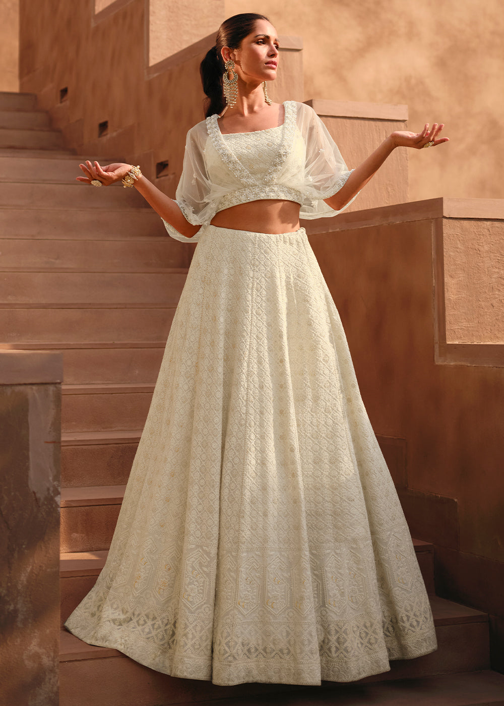 Pearl White Ready to Wear Georgette Lehenga With Embroidered work Front & Back