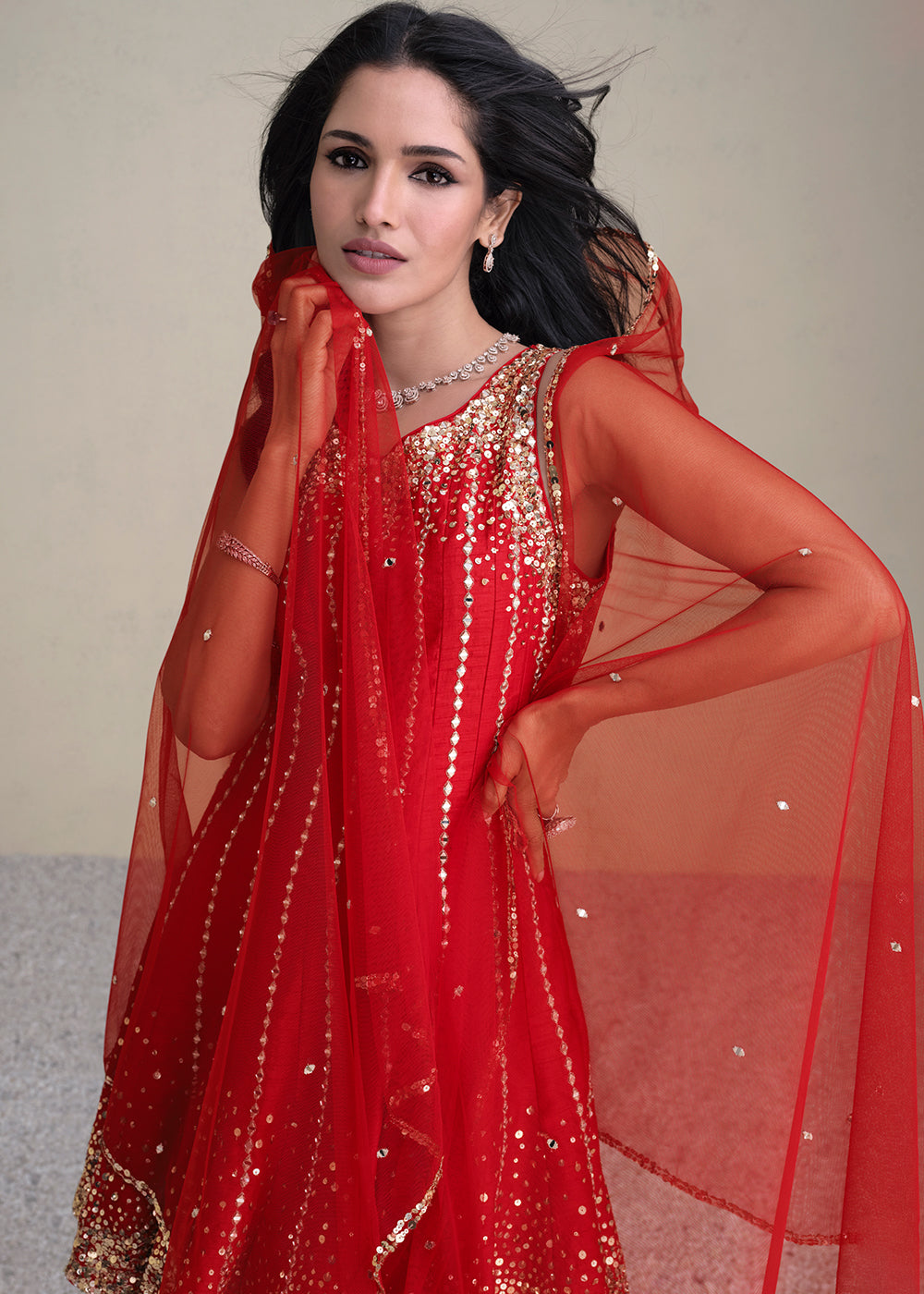 Scarlet Red Silk Embroidered Designer Suit