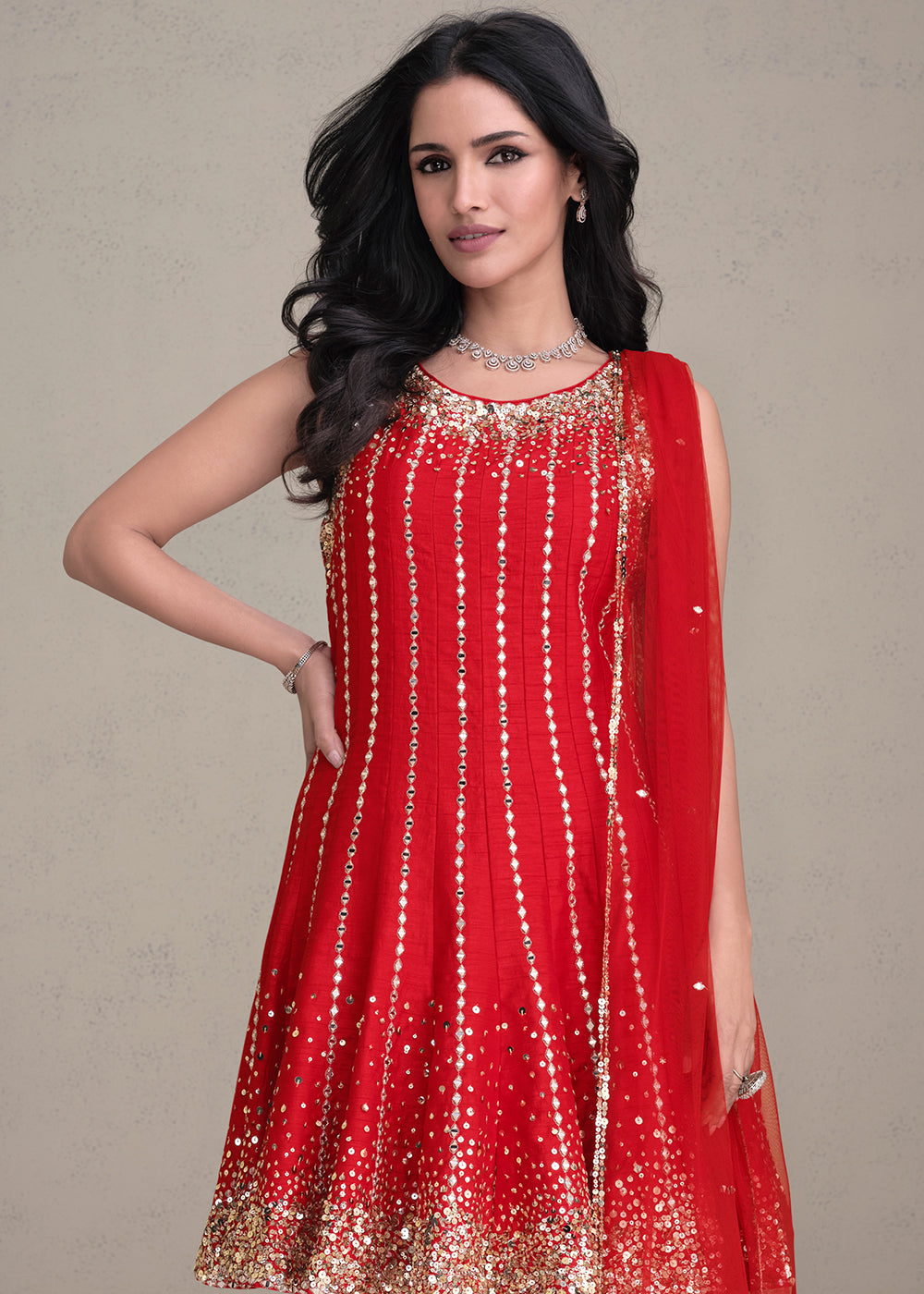 Scarlet Red Silk Embroidered Designer Suit