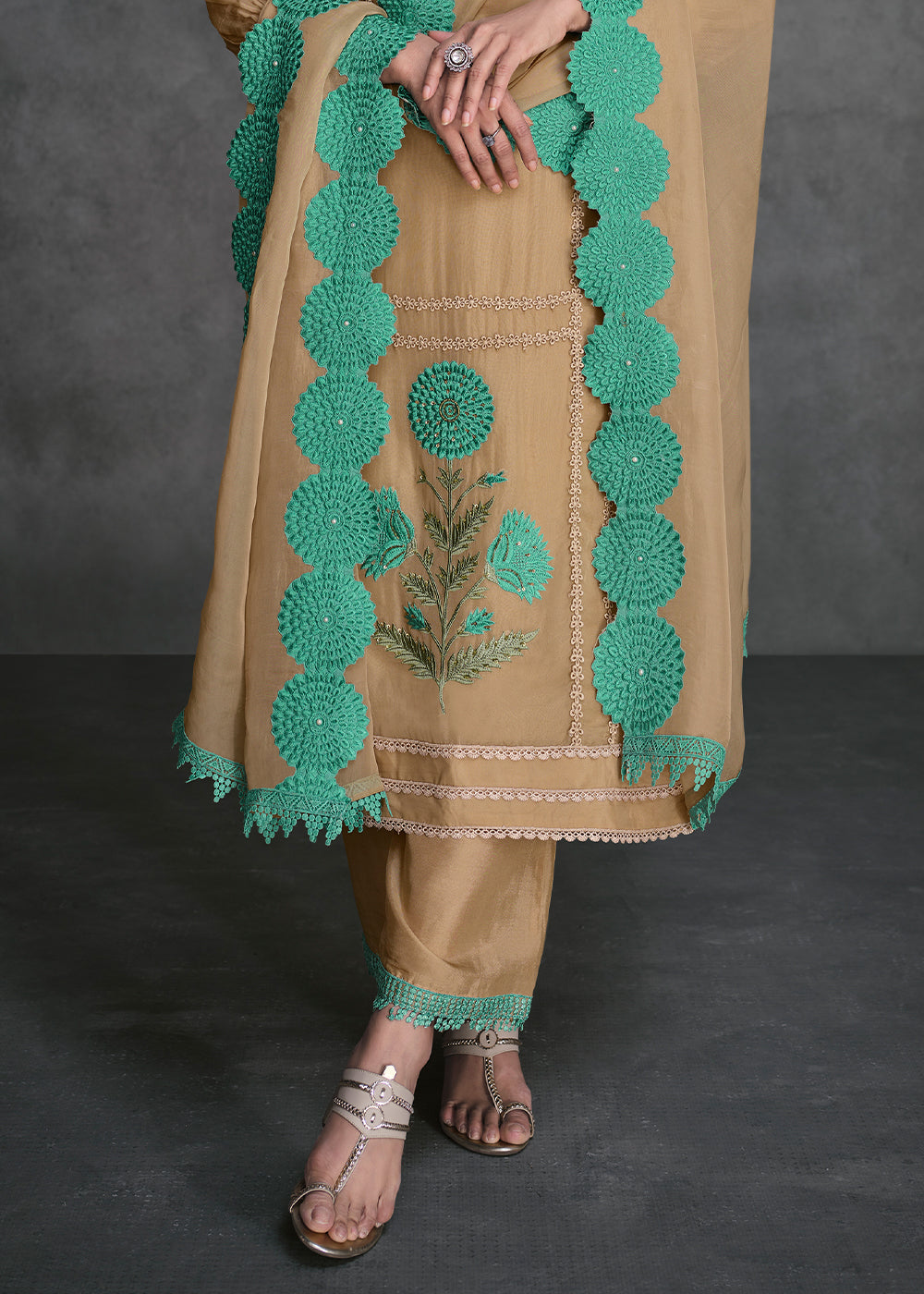 Camel Brown Organza Silk Salwar Suit