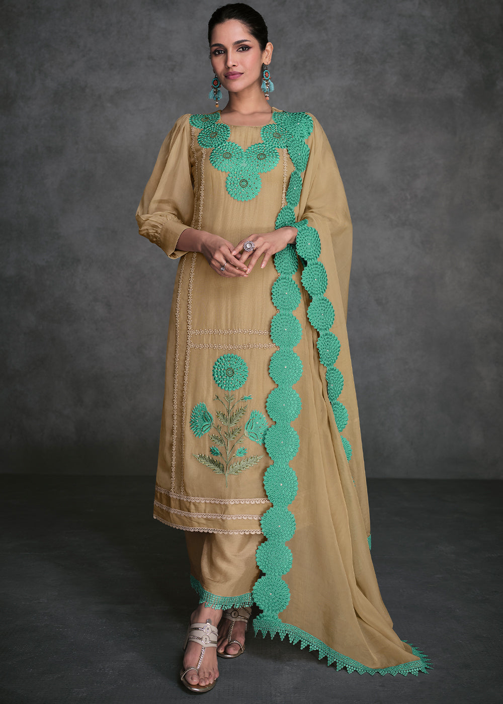 Camel Brown Organza Silk Salwar Suit