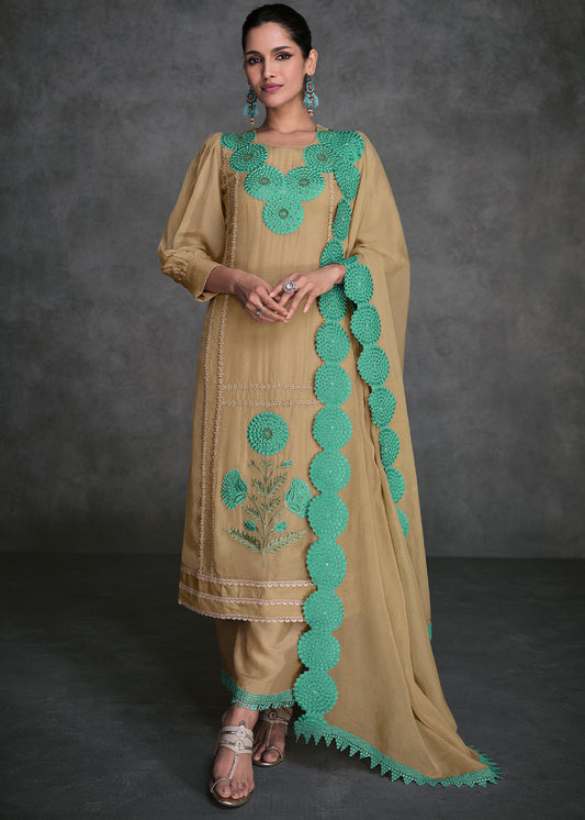 Camel Brown Organza Silk Salwar Suit