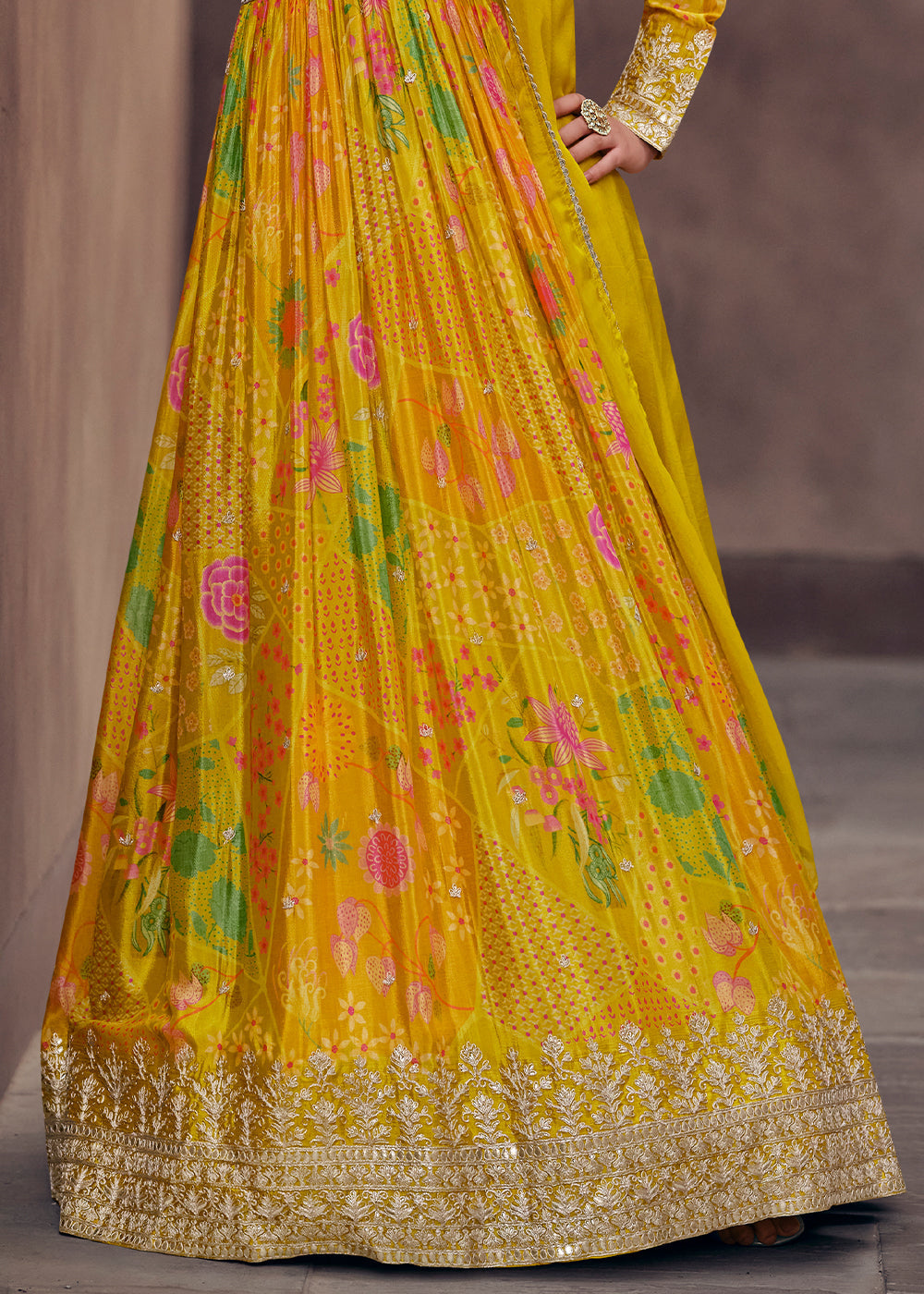 Shades Of Yellow Floral Printed Georgette Anarkali Suit with Embroidery work(Pre-Order)