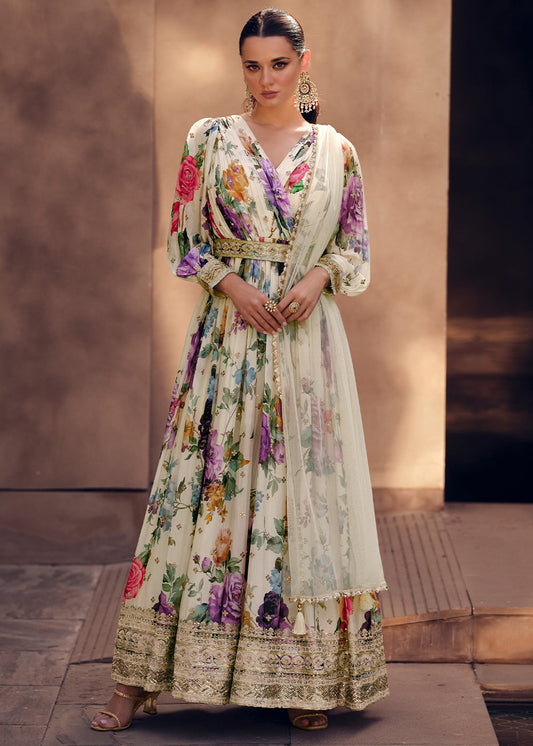 Pearl White Floral Printed Georgette Anarkali Suit with Embroidery work(Pre-Order)