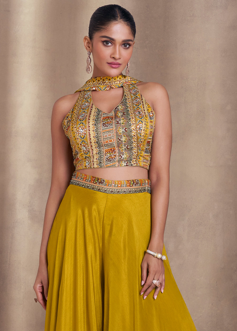 Mustard Yellow Designer Embroidered Top & Plazzo Set