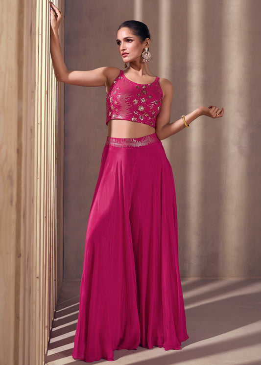 Hot Pink Designer Embroidered Top & Plazzo Set