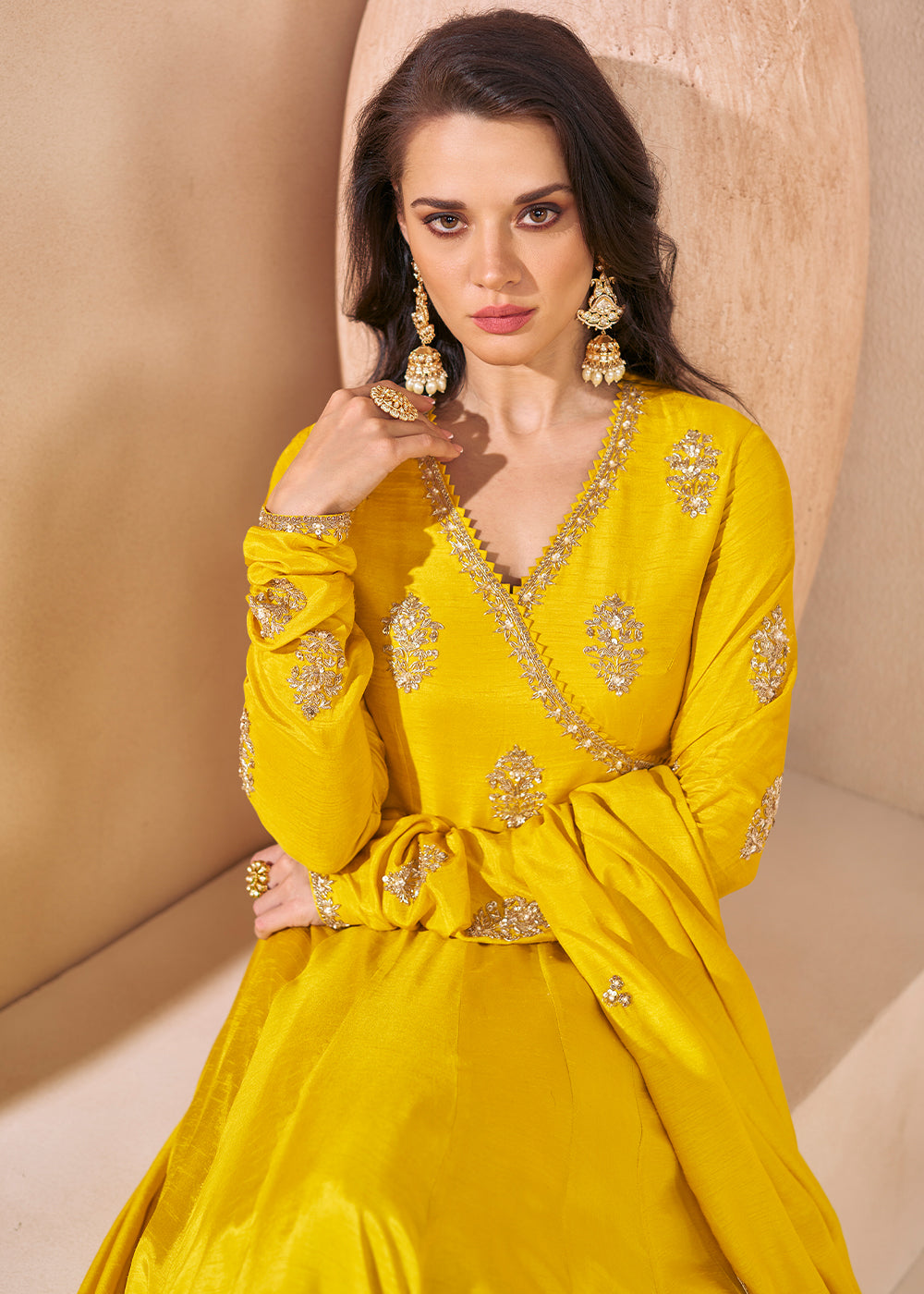 Cadmium Yellow Silk Anarkali Gown with Embroidery work