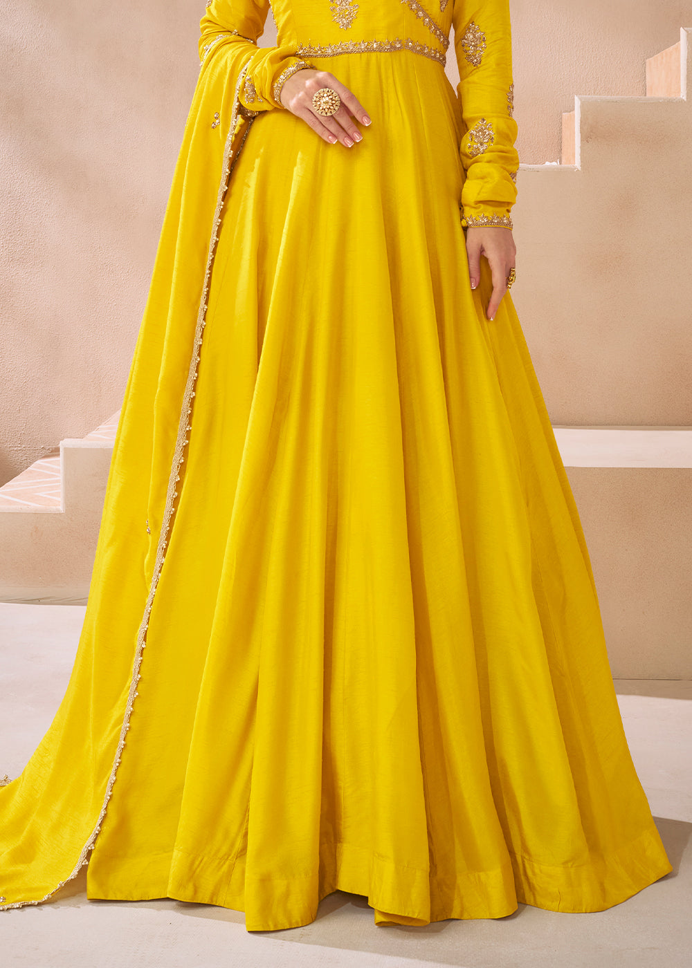 Cadmium Yellow Silk Anarkali Gown with Embroidery work