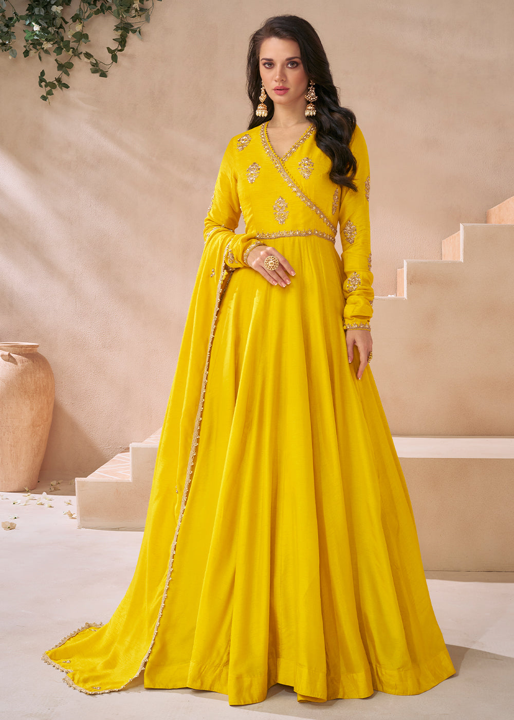 Cadmium Yellow Silk Anarkali Gown with Embroidery work