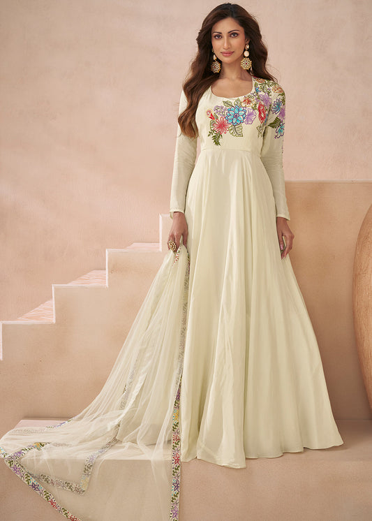 Pearl White Silk Anarkali Gown with Embroidery work