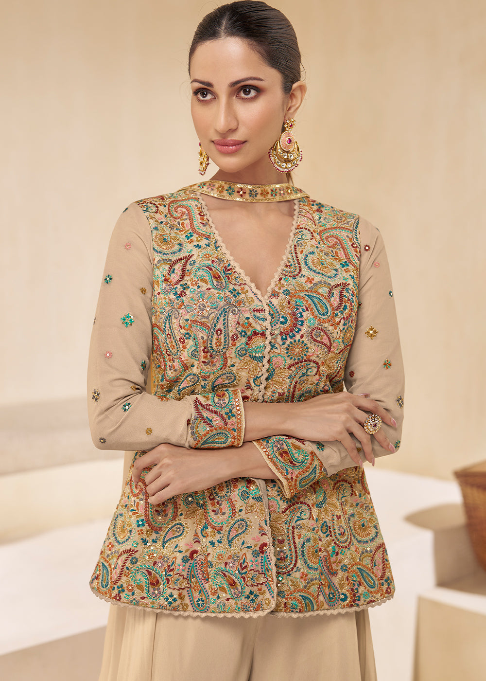 Light Brown Embroidered Georgette Plazzo Suit