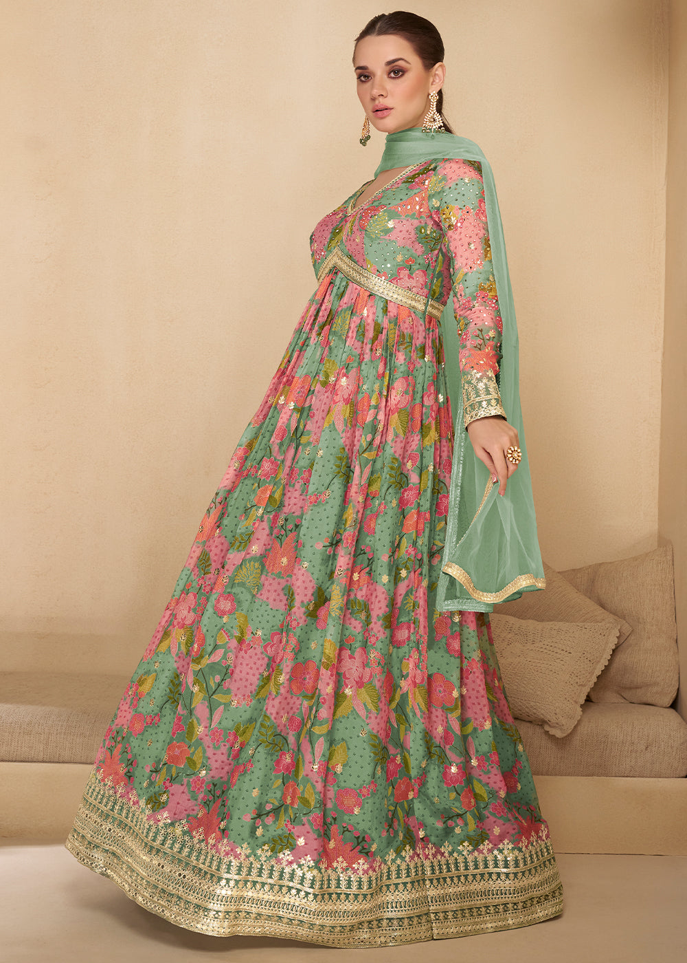 Green & Pink Georgette Anarkali Suit with Net Dupatta