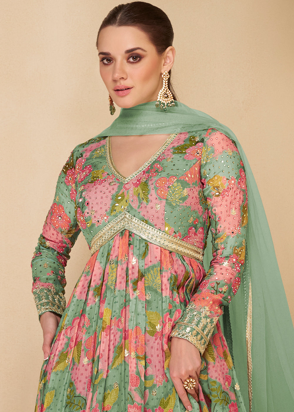 Green & Pink Georgette Anarkali Suit with Net Dupatta