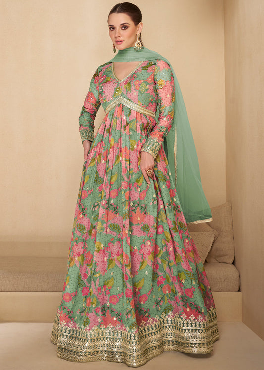 Green & Pink Georgette Anarkali Suit with Net Dupatta