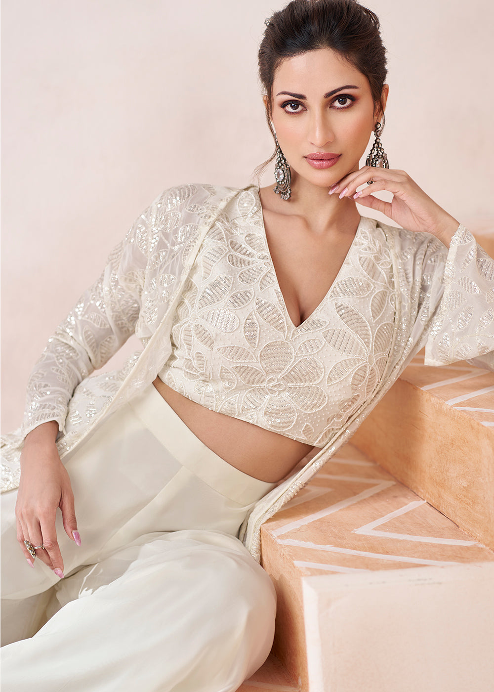 Pearl White Georgette Top Trouser Set with Designer Shrug