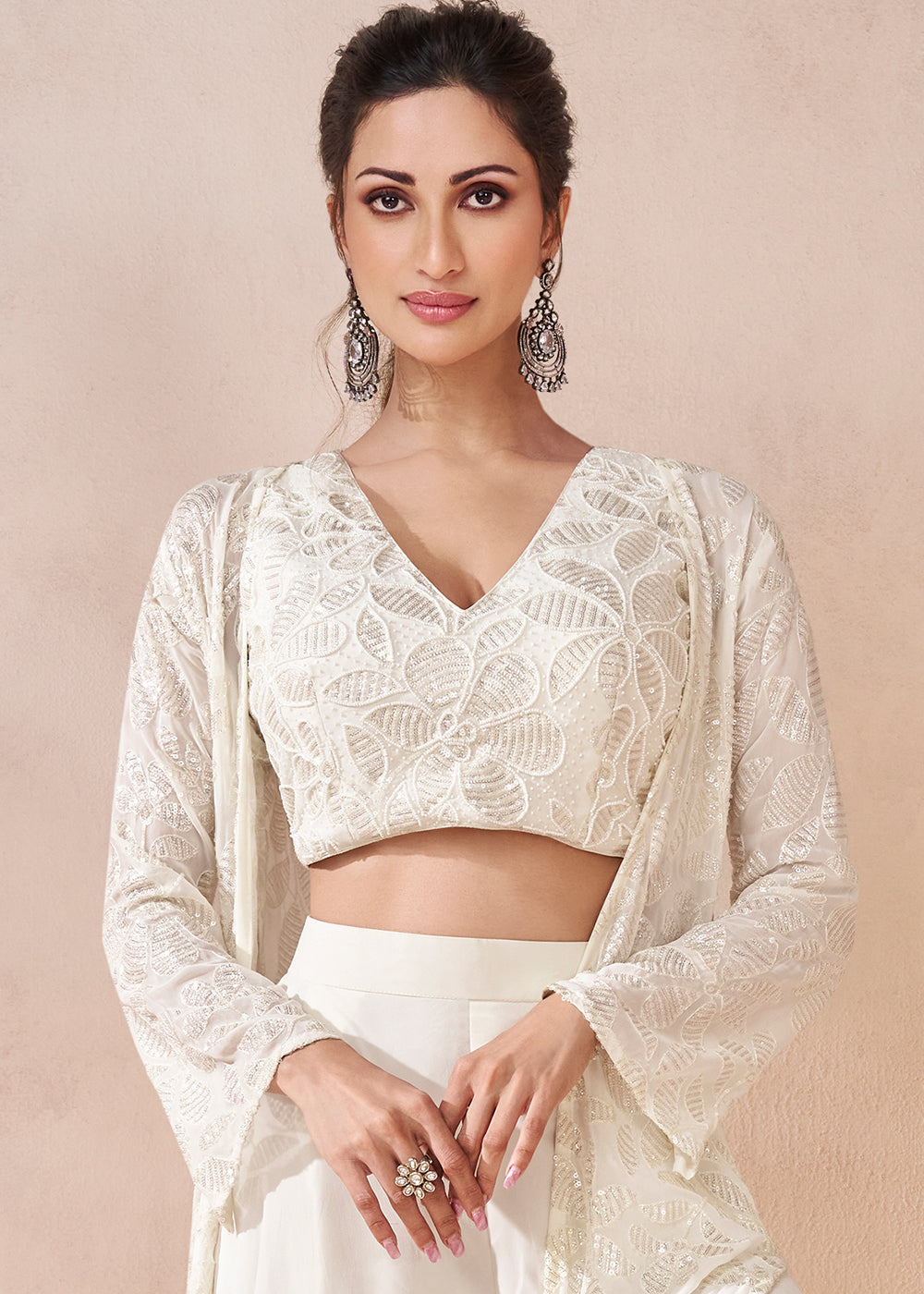 Pearl White Georgette Top Trouser Set with Designer Shrug