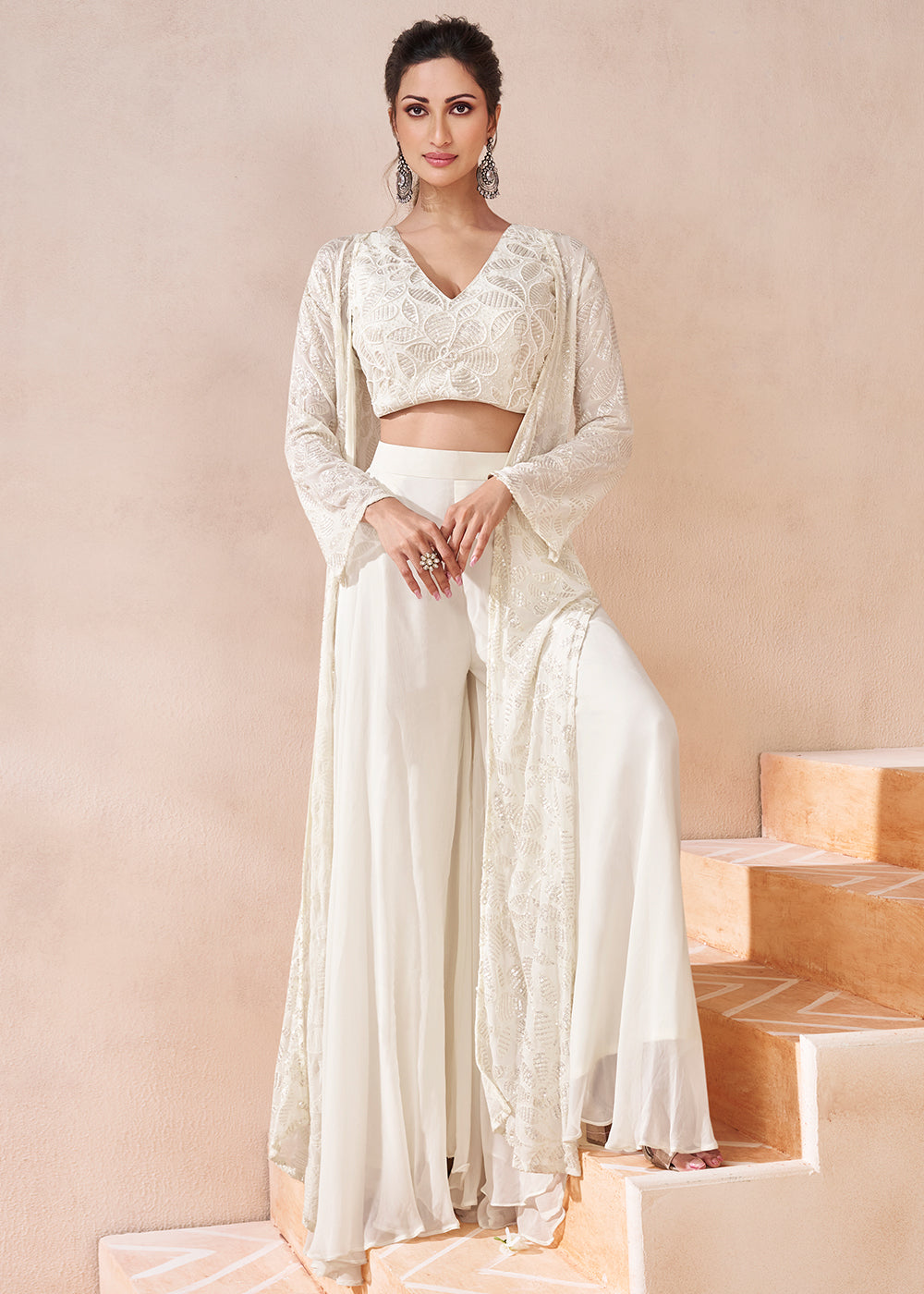 Pearl White Georgette Top Trouser Set with Designer Shrug