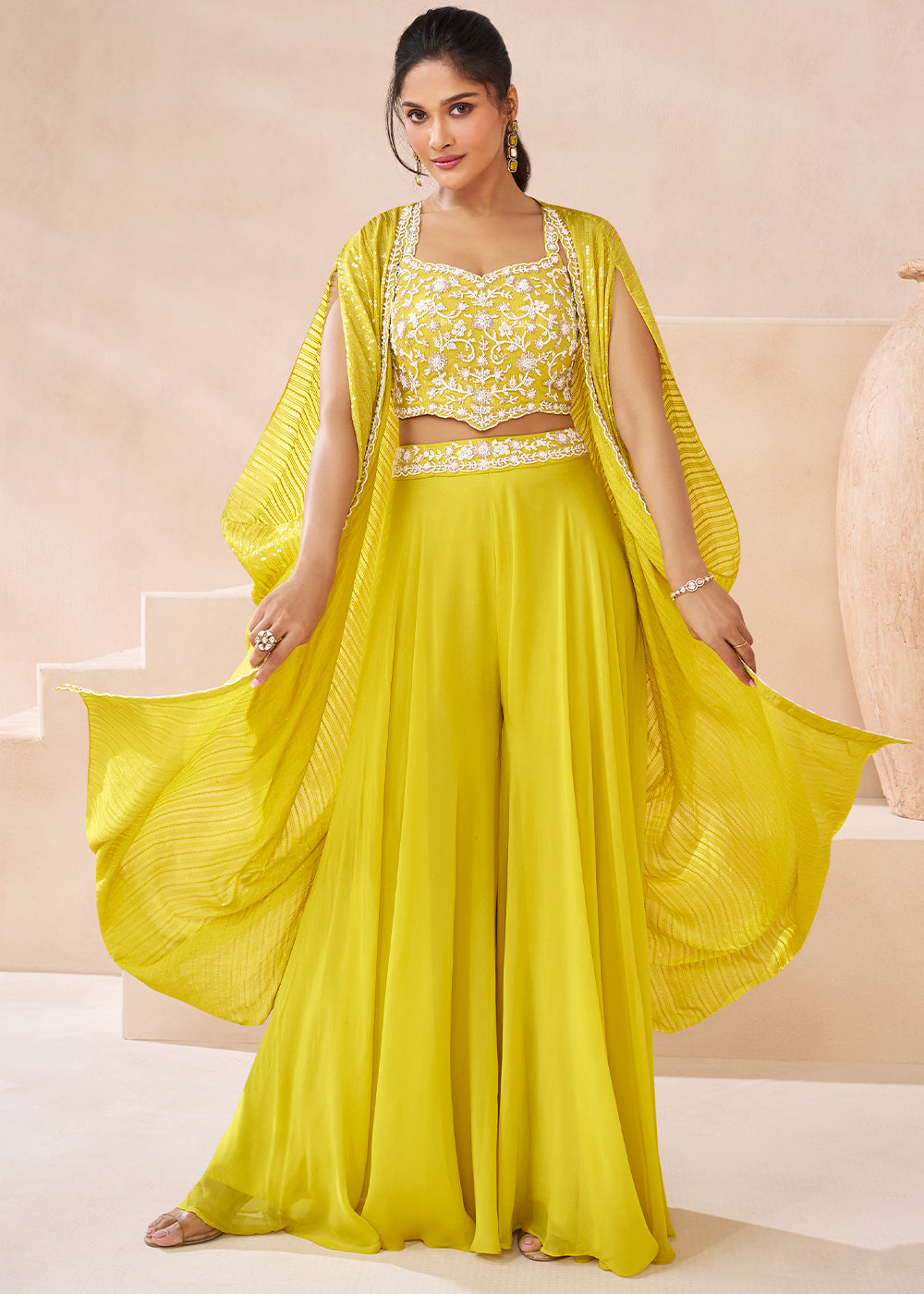 lemon Yellow Georgette Top Trouser Set with Designer Shrug