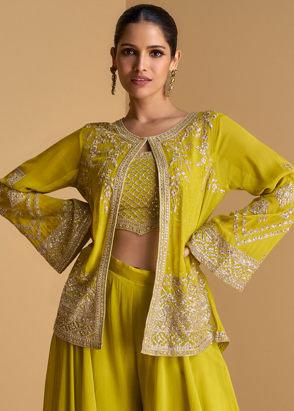 Chartreuse Green Georgette Top Plazzo Set with Embroidered Jacket