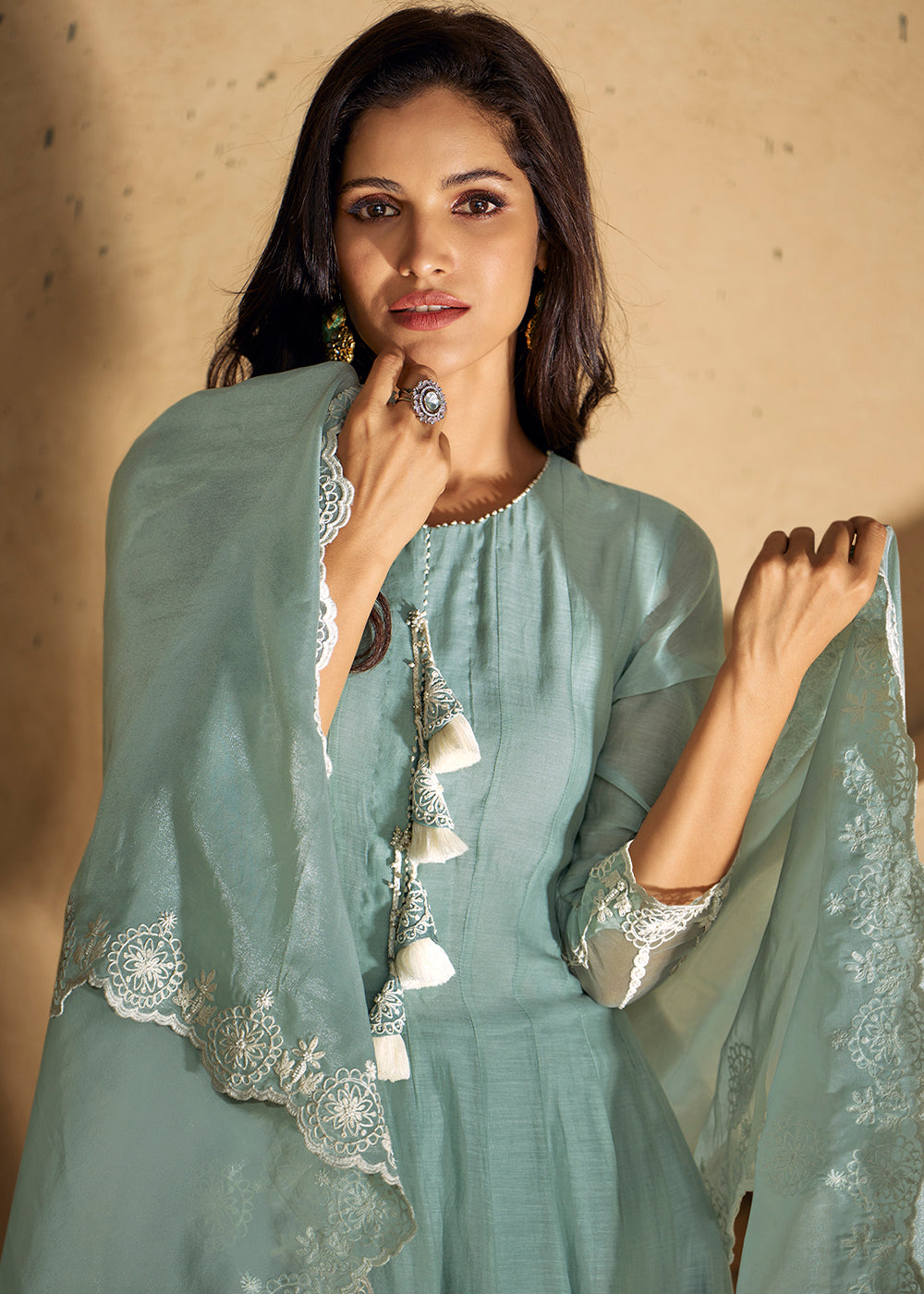 Cerulean Frost Blue Embroidered Silk Suit