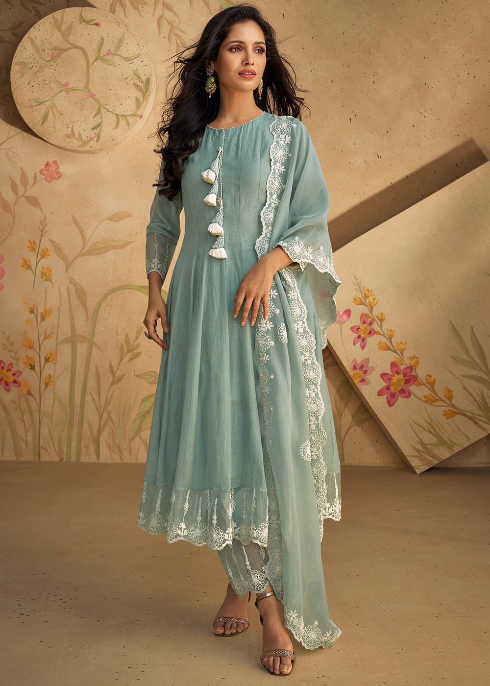 Cerulean Frost Blue Embroidered Silk Suit