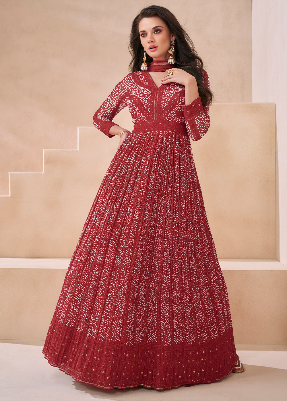 Vermilion Red Embroidered Georgette Anarkali Suit