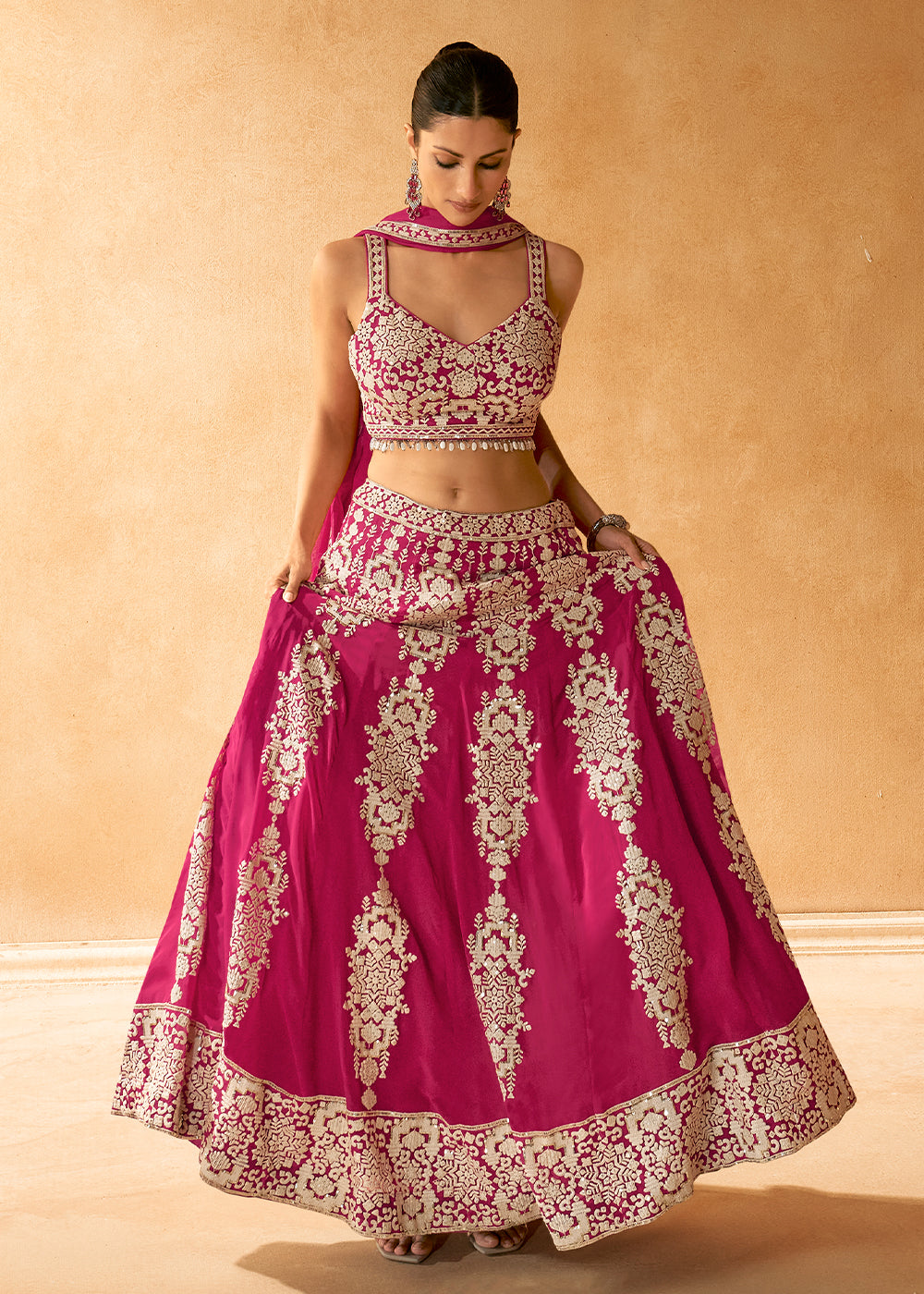 Hot Pink Ready to Wear Georgette Lehenga With  Embroidered work Front & Back