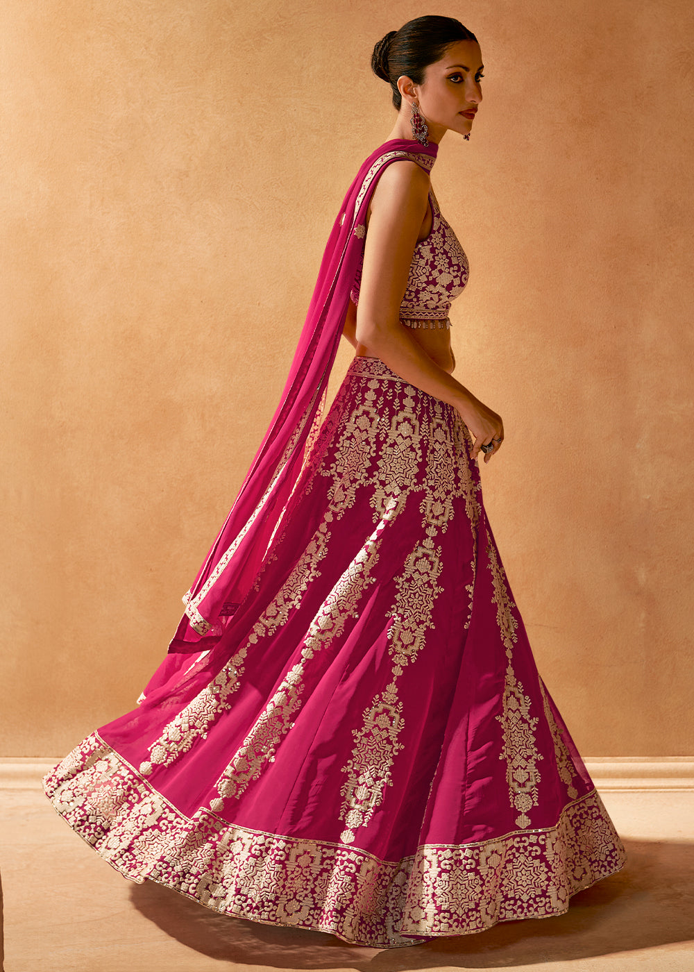 Hot Pink Ready to Wear Georgette Lehenga With  Embroidered work Front & Back