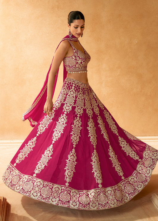 Hot Pink Ready to Wear Georgette Lehenga With  Embroidered work Front & Back