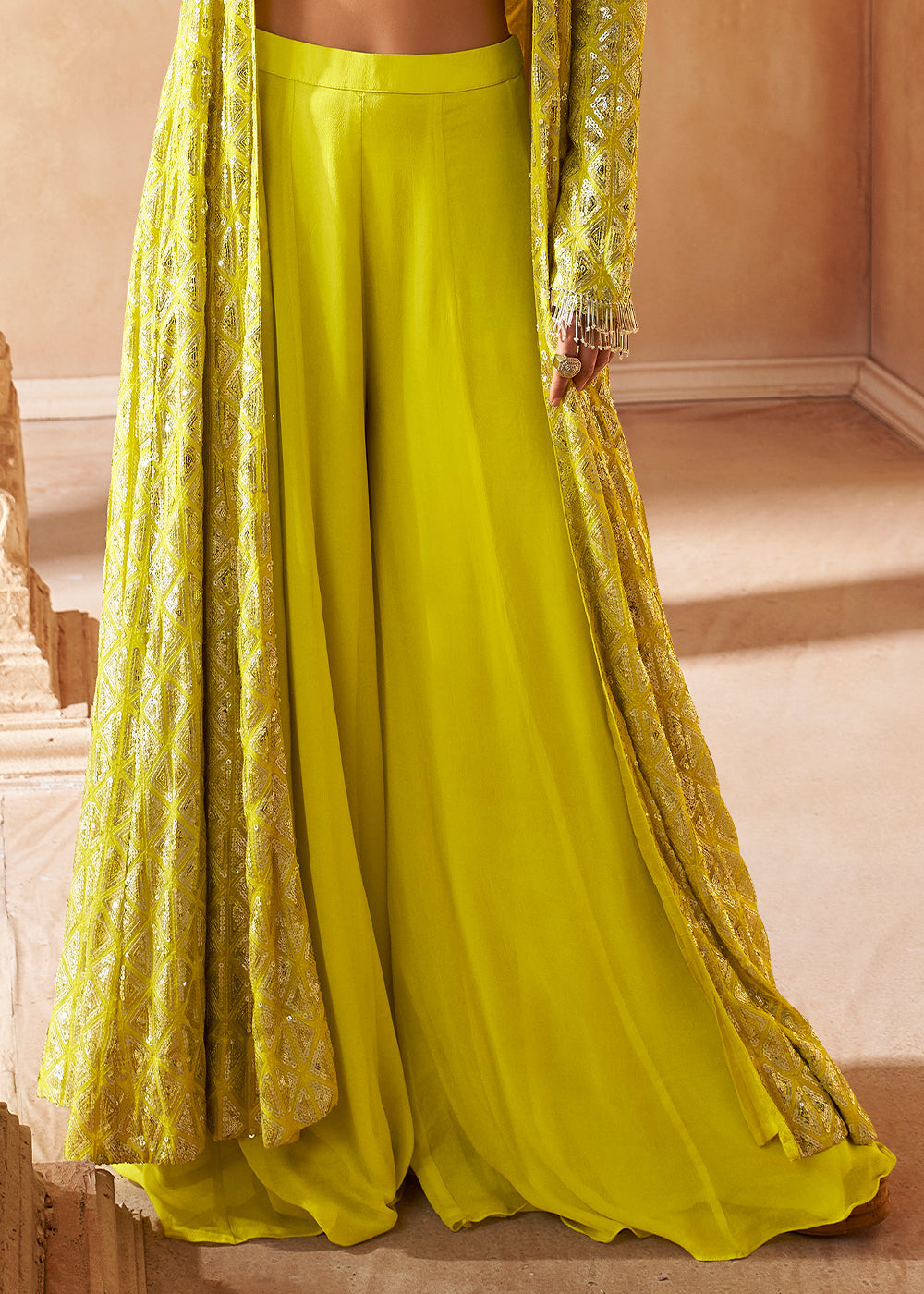 Lemon Yellow Georgette Top Plazzo Set With Long Embroidered Jacket