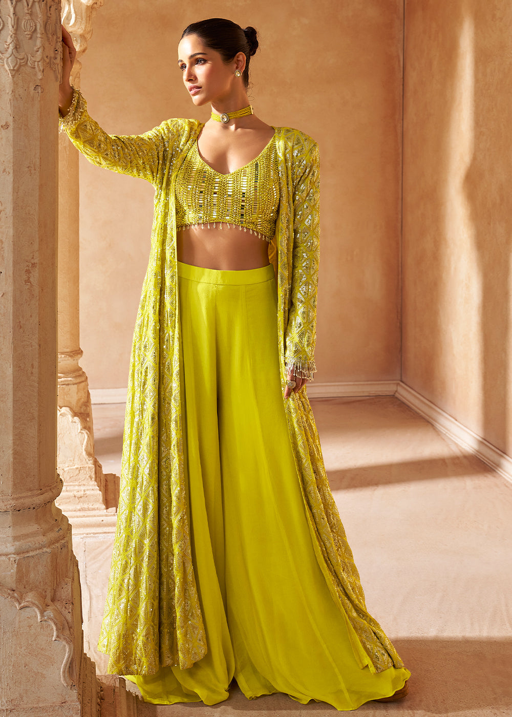 Lemon Yellow Georgette Top Plazzo Set With Long Embroidered Jacket