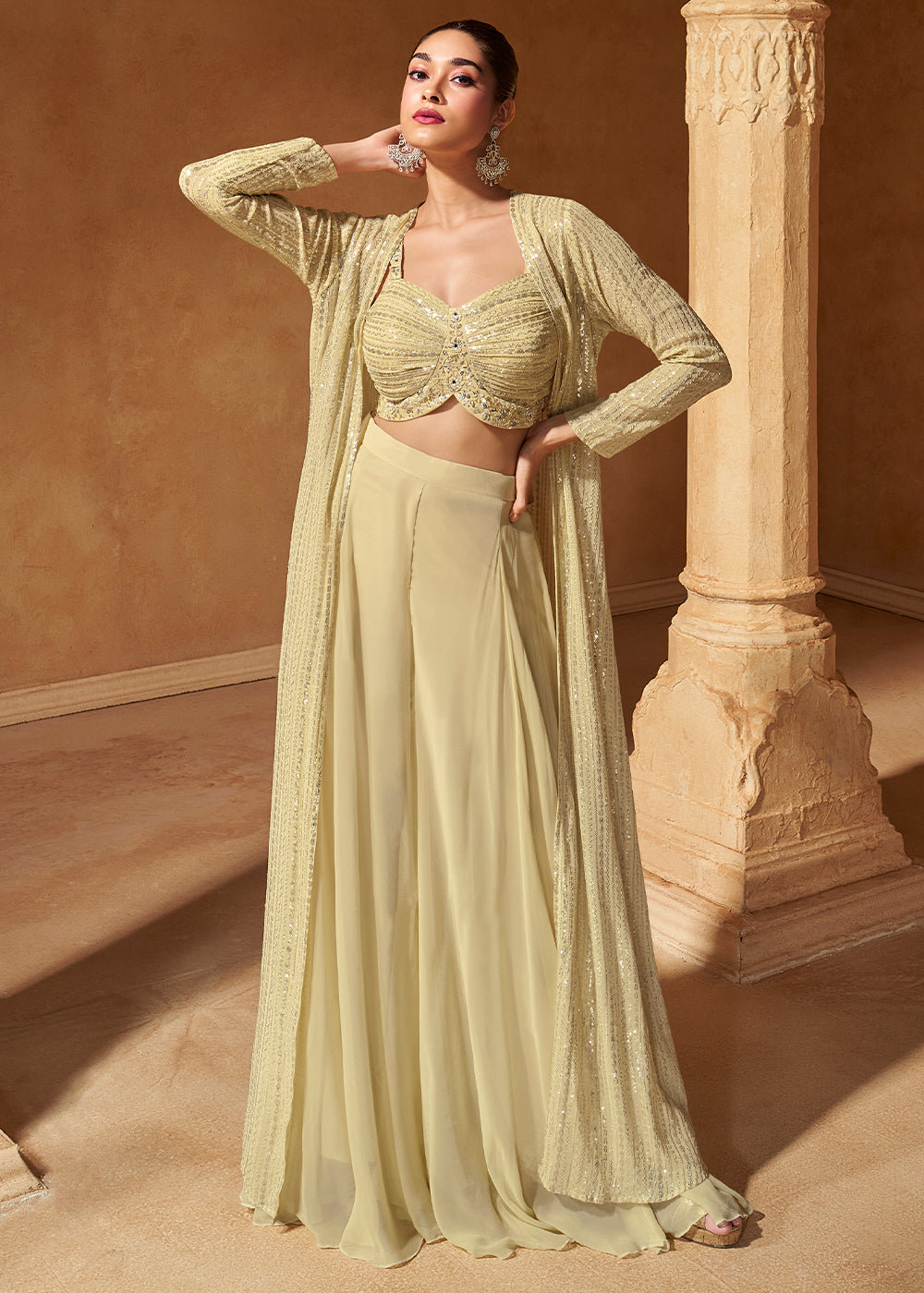 Sand Brown Georgette Top Plazzo Set With Long Embroidered Jacket